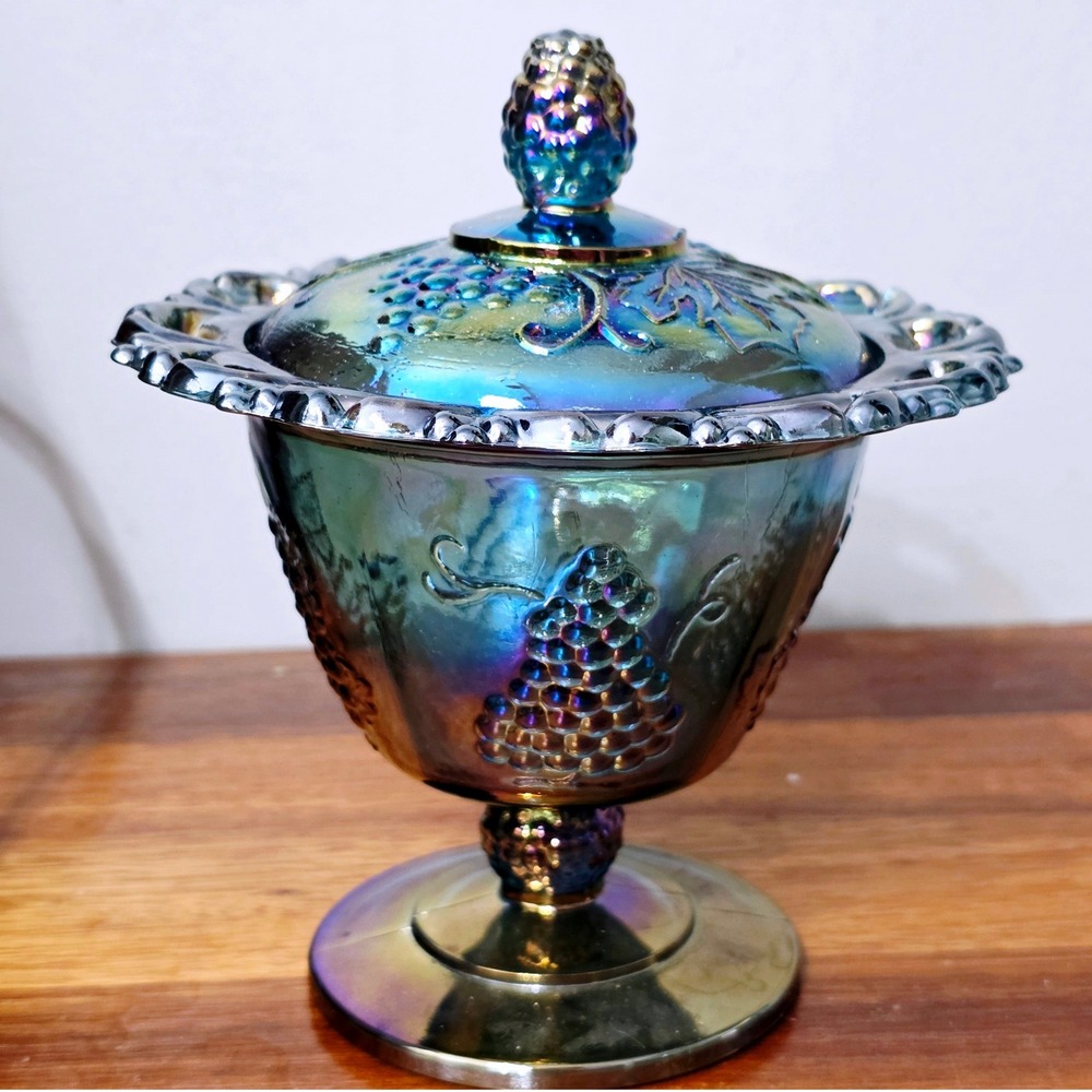 Vintage Blue Indiana Carnival Glass Dish Harvest Grape Pedestal Compote Bowl